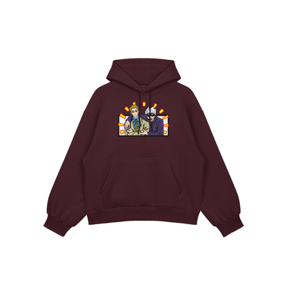 Gojo Nanami embroidered oversized hoodie featuring characters from Jujutsu Kaisen duo design on maroon background.