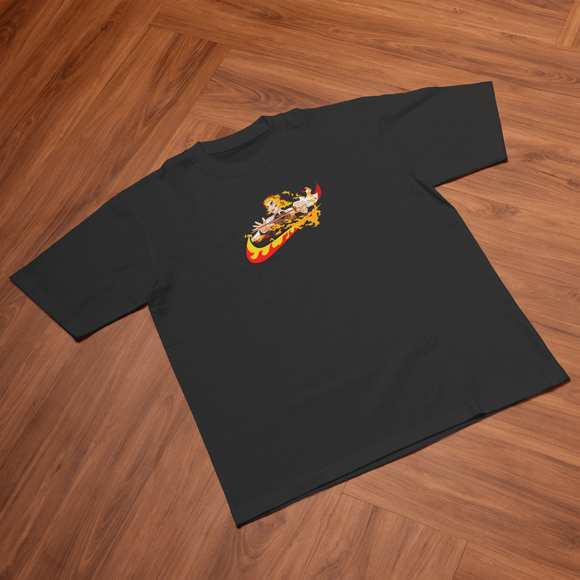 Rengoku Demon Slayer oversized t-shirt with colorful print on a dark background, perfect for anime fans.