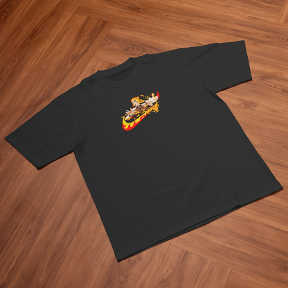 Rengoku Demon Slayer oversized t-shirt with colorful print on a dark background, perfect for anime fans.