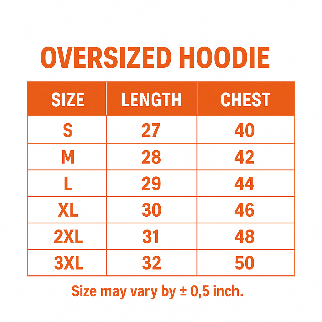 Size chart for Makima embroidered oversized hoodie showing measurements for different sizes.