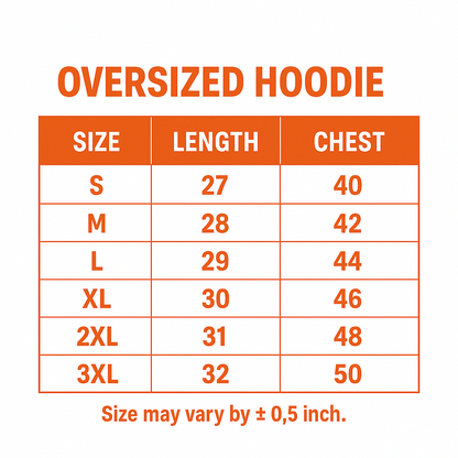 Size chart for Makima embroidered oversized hoodie showing measurements for different sizes.