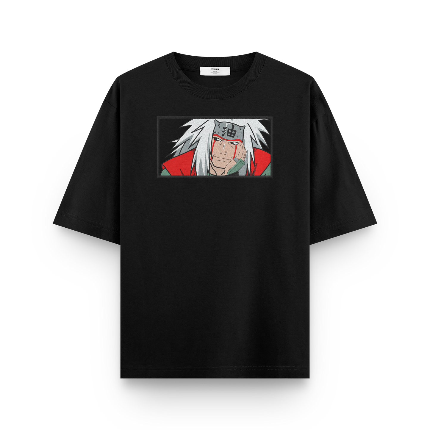 close-up of jiraiya embroidery on oversized naruto t-shirt