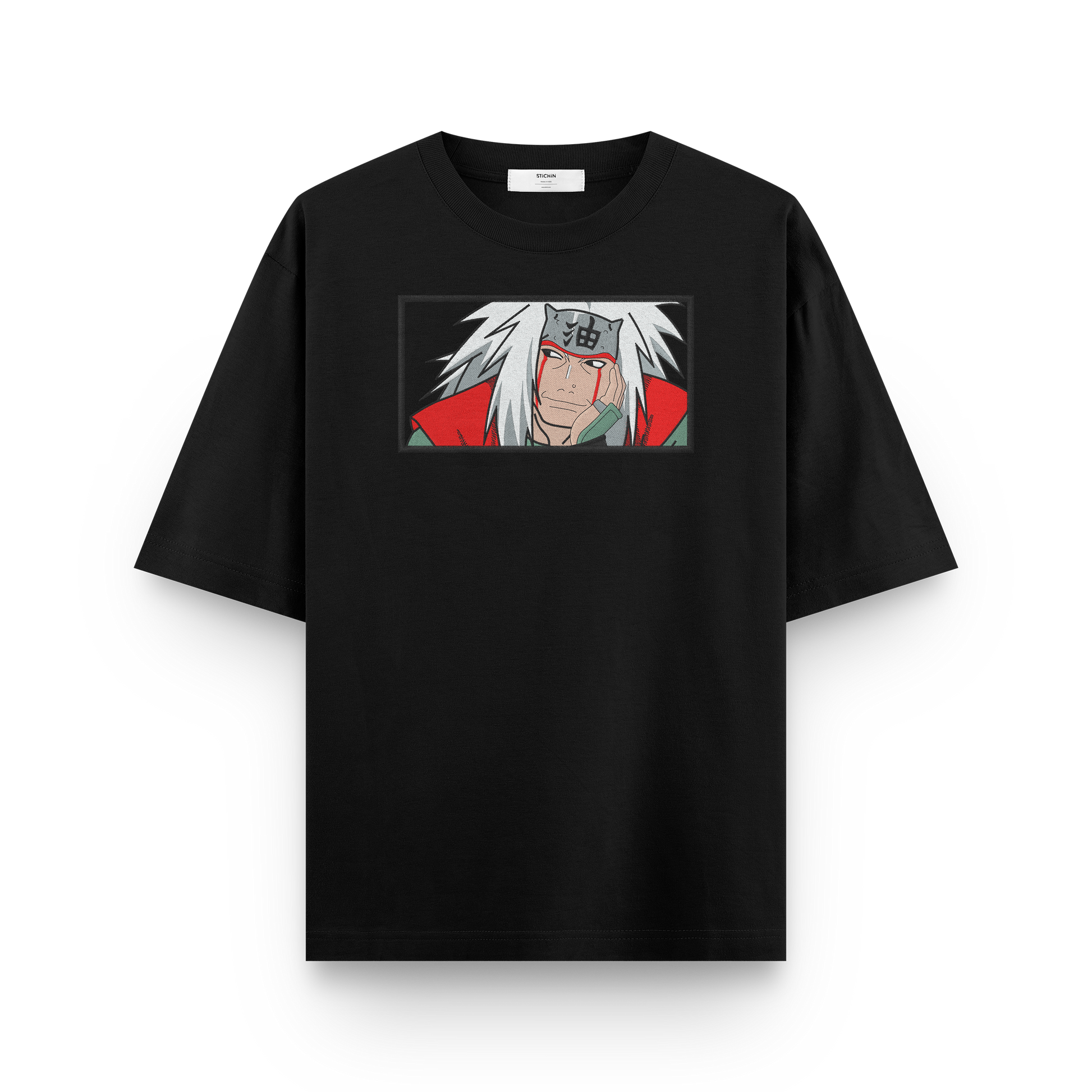 close-up of jiraiya embroidery on oversized naruto t-shirt