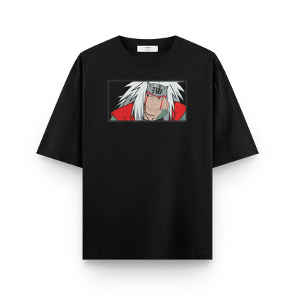 close-up of jiraiya embroidery on oversized naruto t-shirt