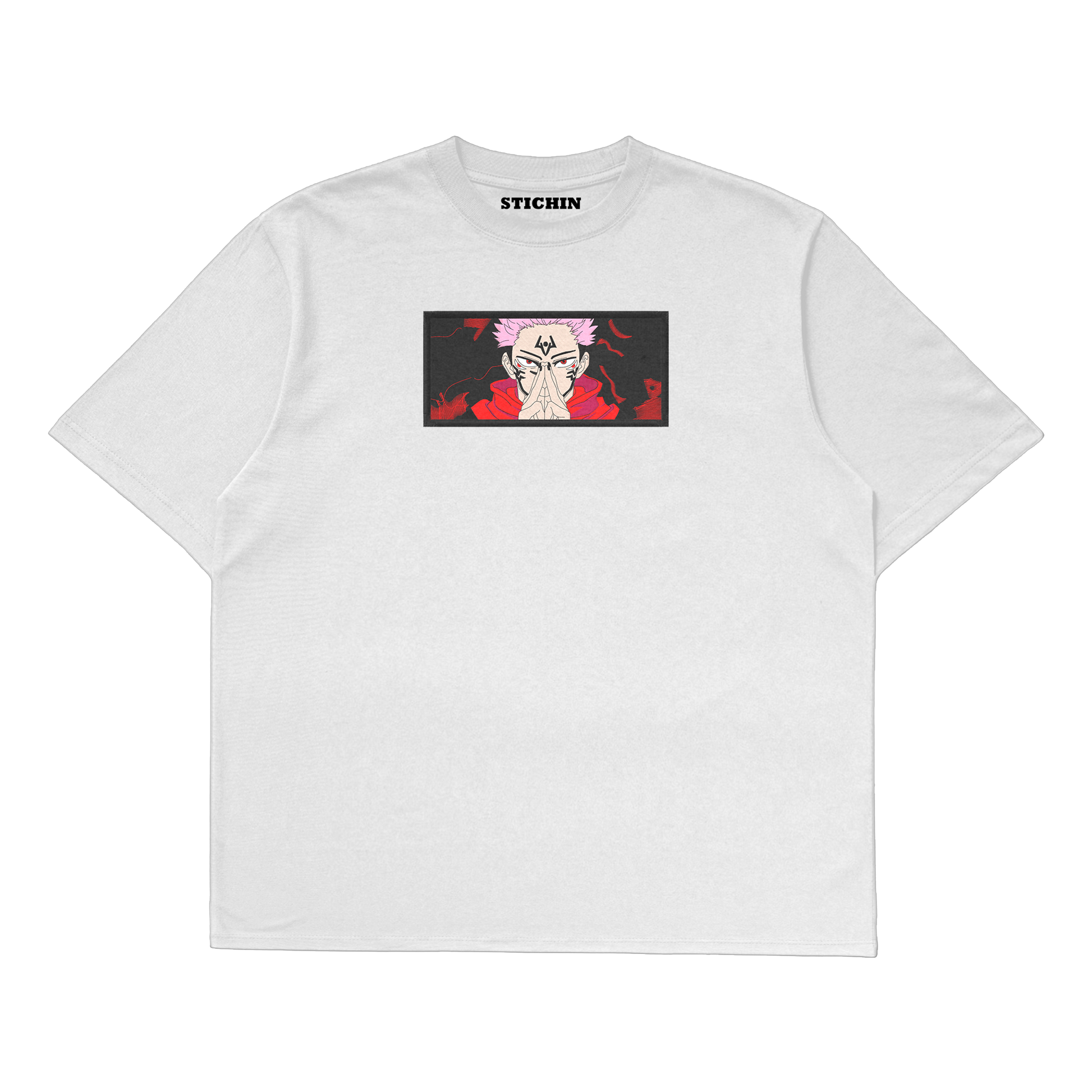 Sukuna embroidered oversized t-shirt featuring bold design of Sukuna from Jujutsu Kaisen on a white backdrop.