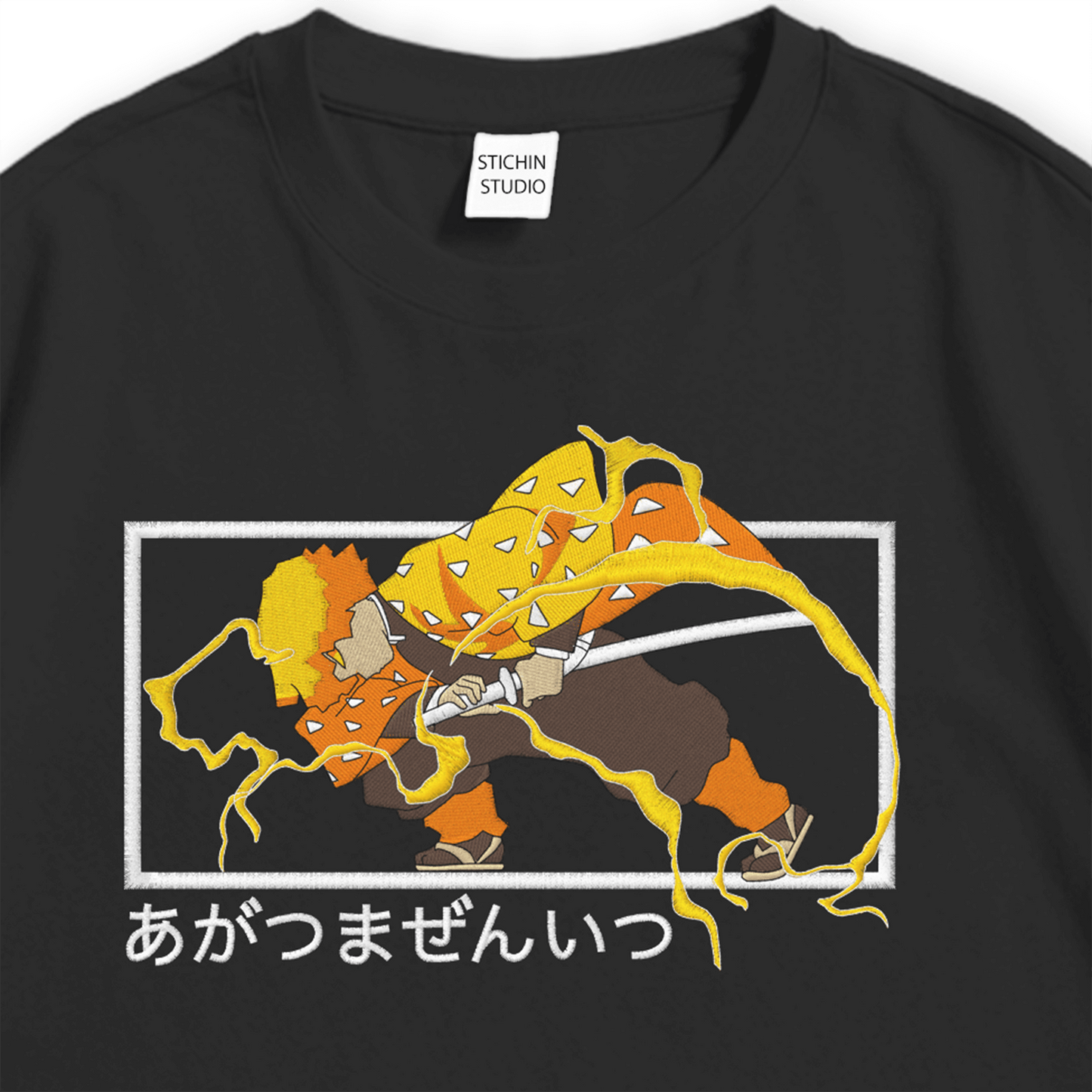 Zenitsu embroidered oversized t-shirt showcasing detailed thunder-themed artwork on premium fabric.