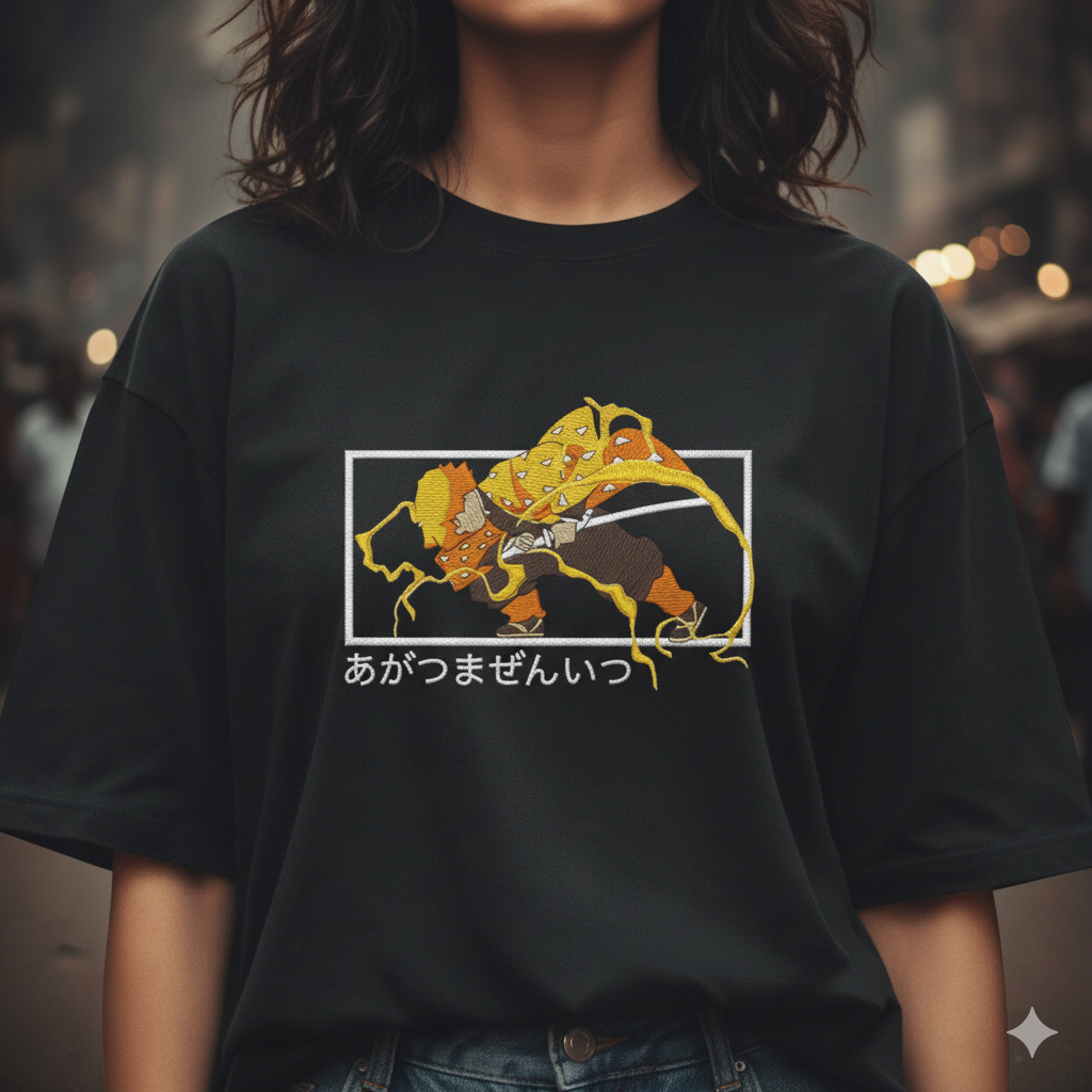 Zenitsu embroidered oversized t-shirt showcasing vibrant design of the Thunder Hashira with Japanese text.
