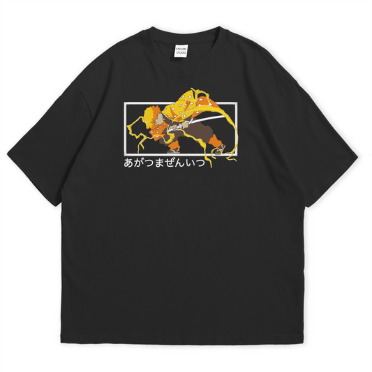 Zenitsu embroidered oversized t-shirt featuring vibrant art and a relaxed fit, perfect for anime streetwear enthusiasts.
