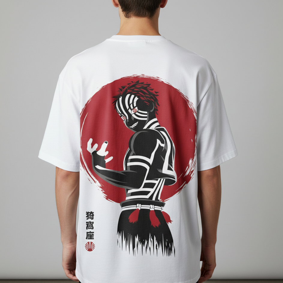 Akaza oversized t-shirt featuring a vivid print of a character from Demon Slayer on the back.