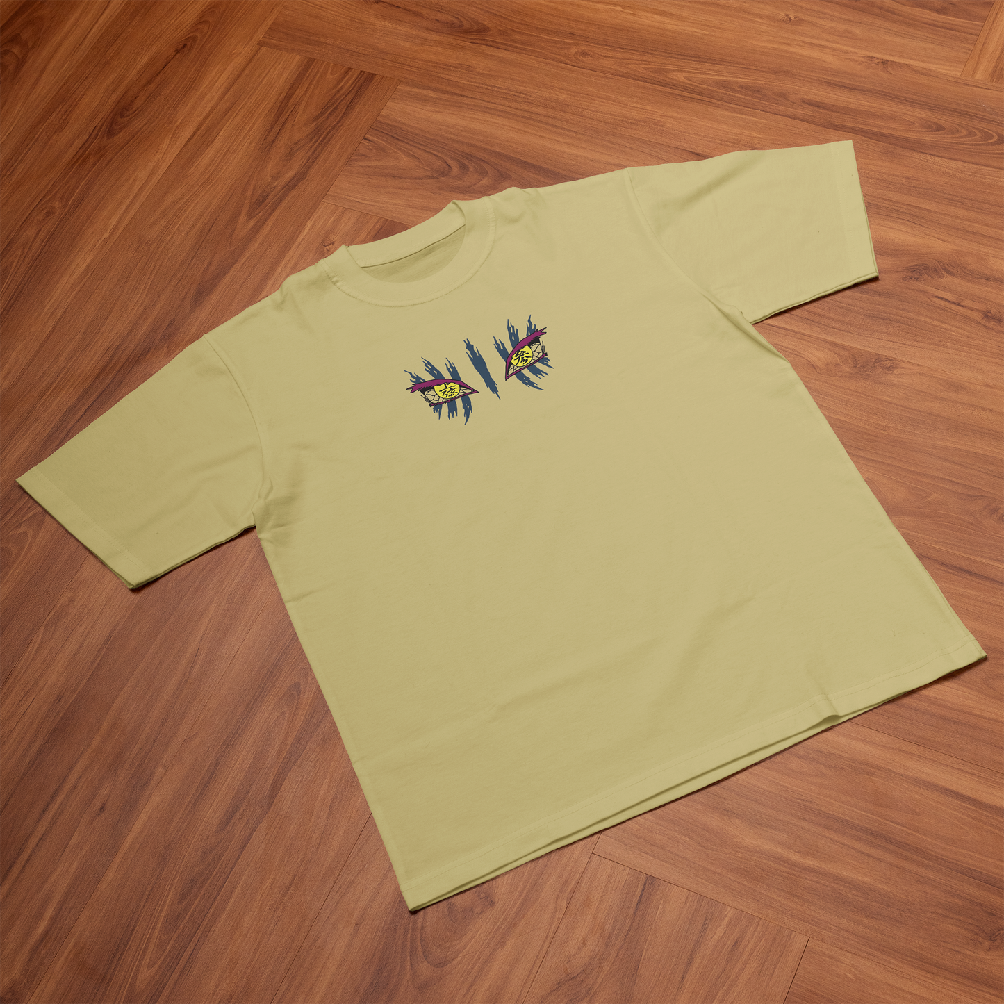 Akaza oversized t-shirt featuring bold graphic print on a light yellow background, perfect for anime fans.