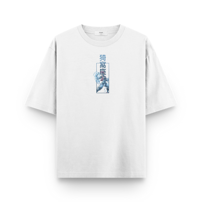 Akaza Demon Slayer oversized white front t-shirt with premium print featuring anime-inspired graphic design.