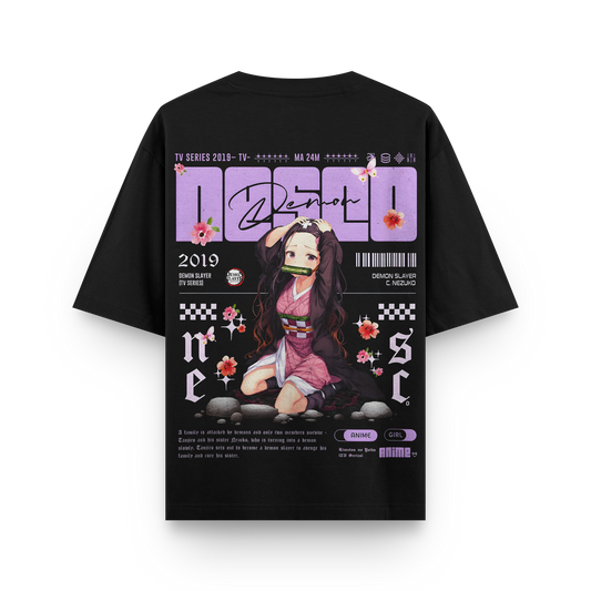 Nezuko Bamboo Muzzle Oversized Black T-Shirt – Demon Slayer Anime Tee