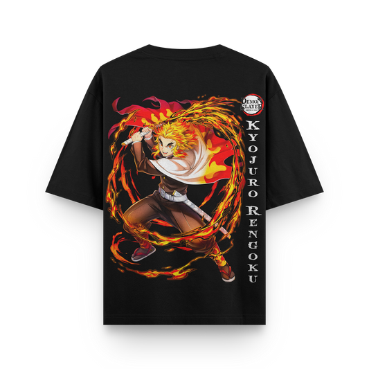 Kyojuro Rengoku Demon Slayer oversized t-shirt featuring vibrant print on the back, crafted from premium cotton.
