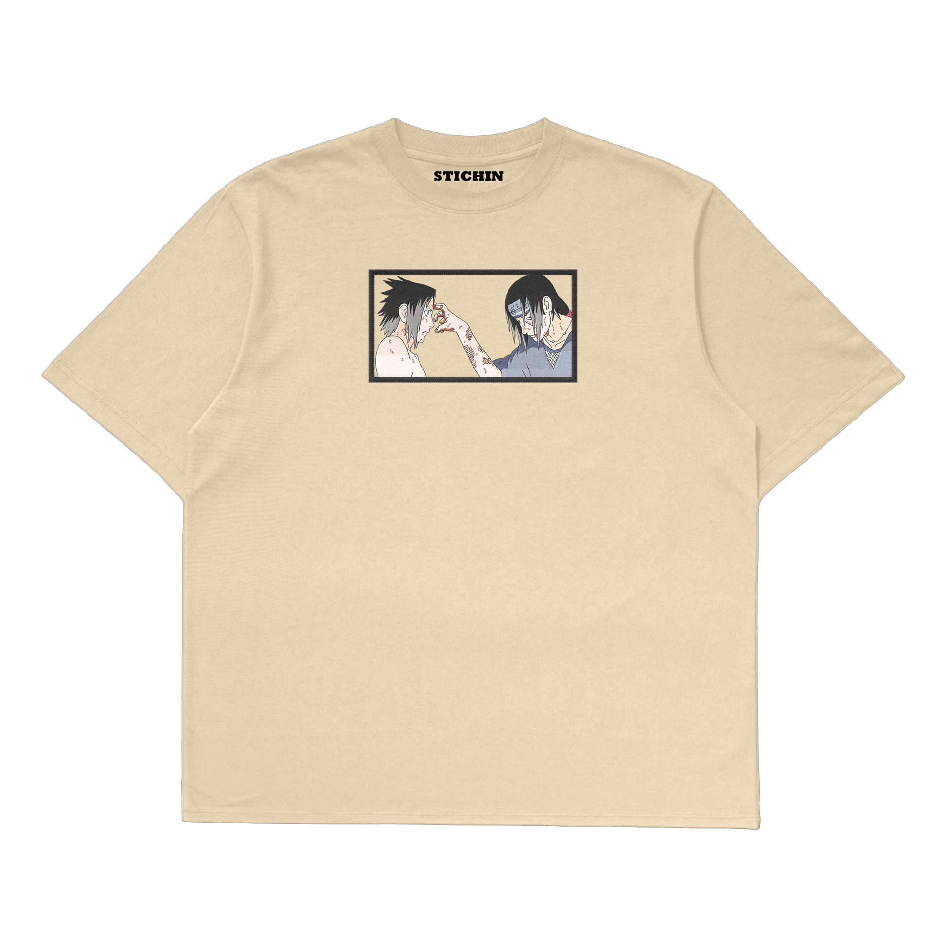 Sasuke Itachi embroidered oversized t-shirt featuring Uchiha brothers design by Stichin Studio.