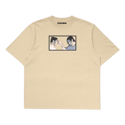 Sasuke Itachi embroidered oversized t-shirt featuring Uchiha brothers design by Stichin Studio.