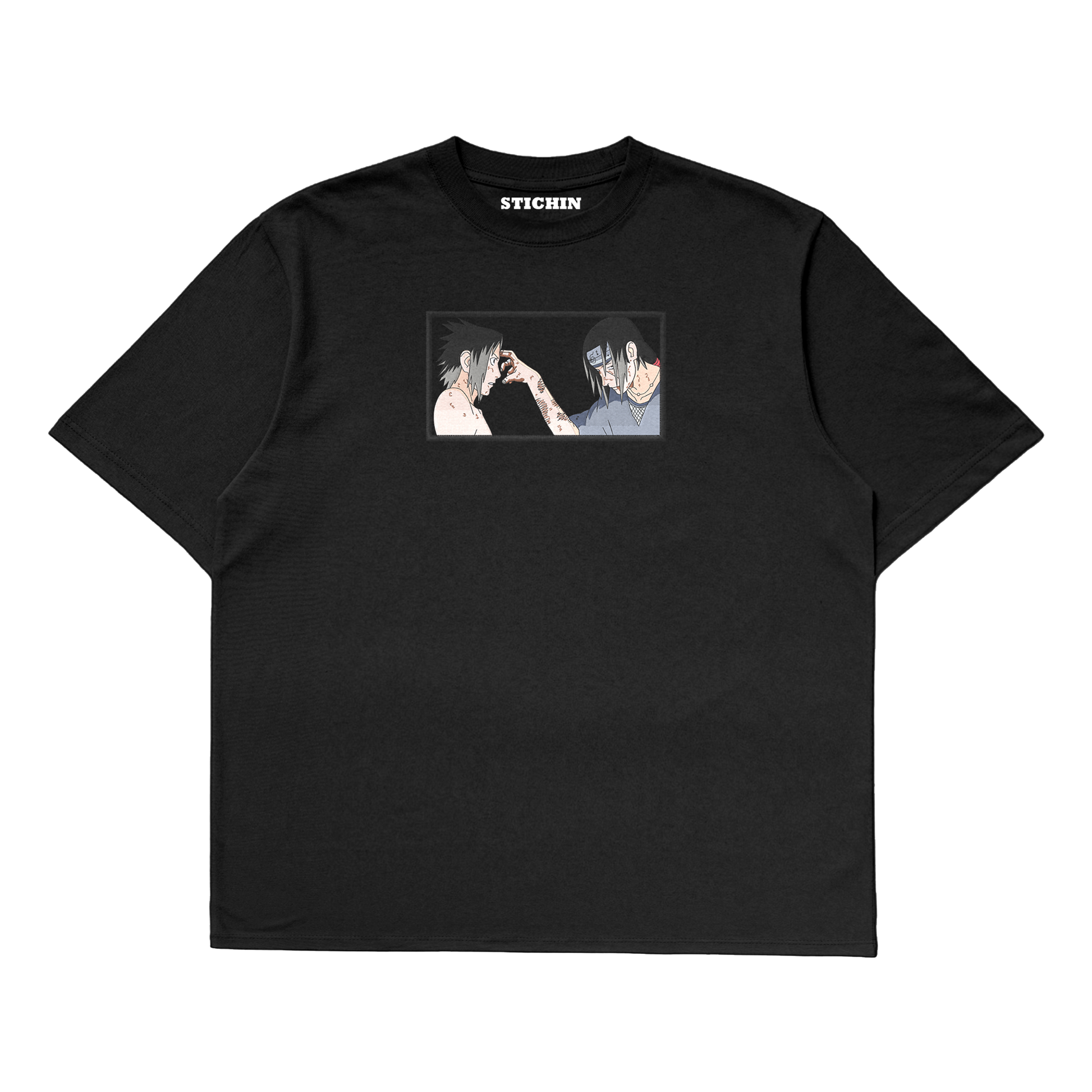 Sasuke Itachi embroidered oversized t-shirt featuring Uchiha brothers design on a black background.