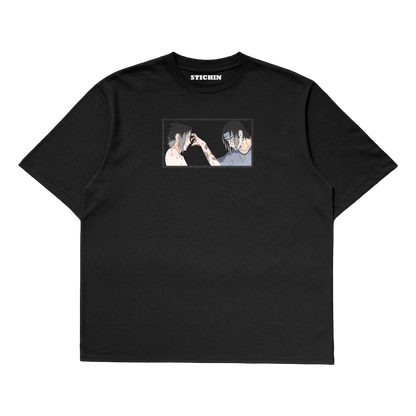 Sasuke Itachi embroidered oversized t-shirt featuring Uchiha brothers design on a black background.