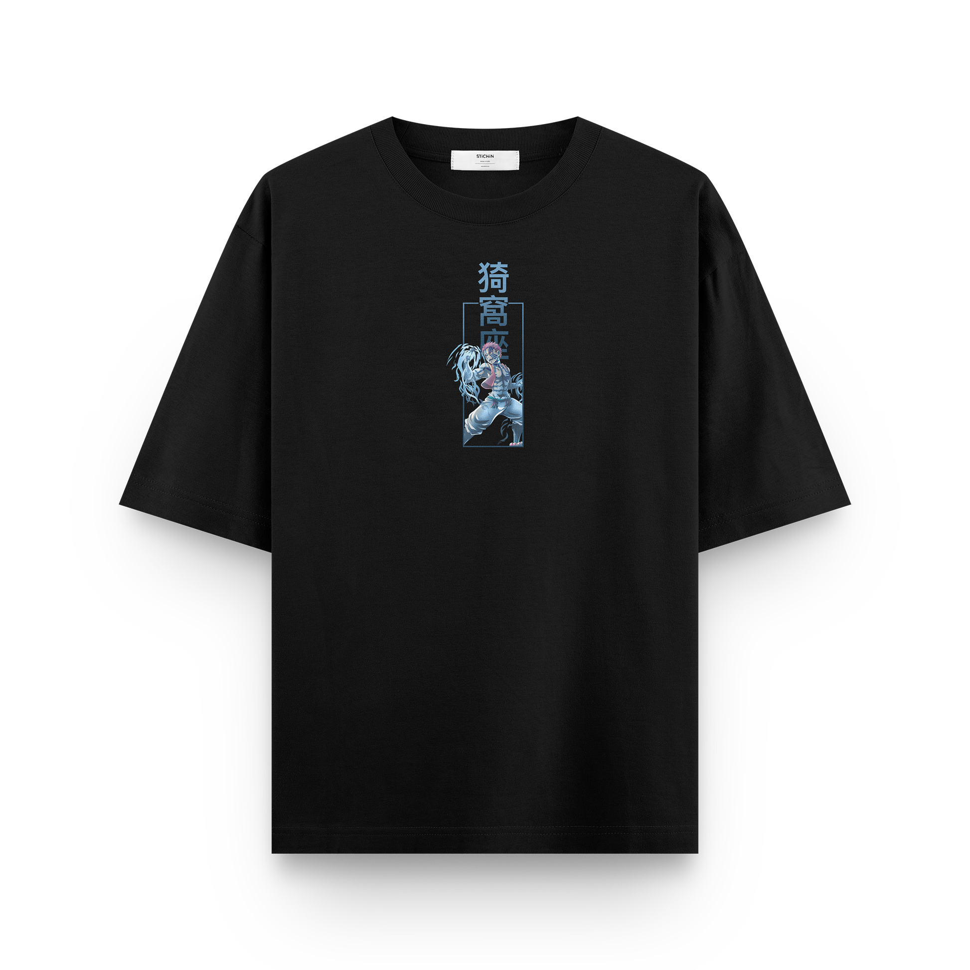 Akaza Demon Slayer oversized black front t-shirt with premium print featuring anime-inspired graphic design.