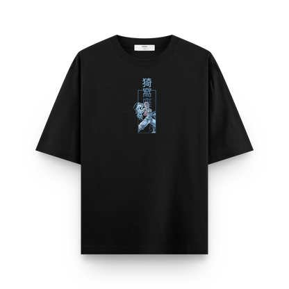 Akaza Demon Slayer oversized black front t-shirt with premium print featuring anime-inspired graphic design.