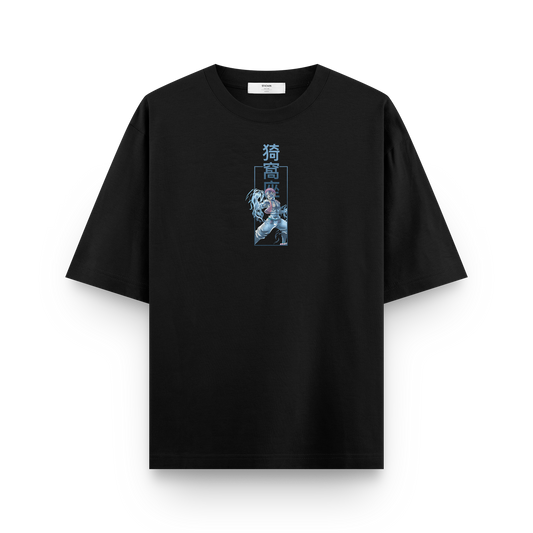 Akaza Demon Slayer oversized black front t-shirt with premium print featuring anime-inspired graphic design.
