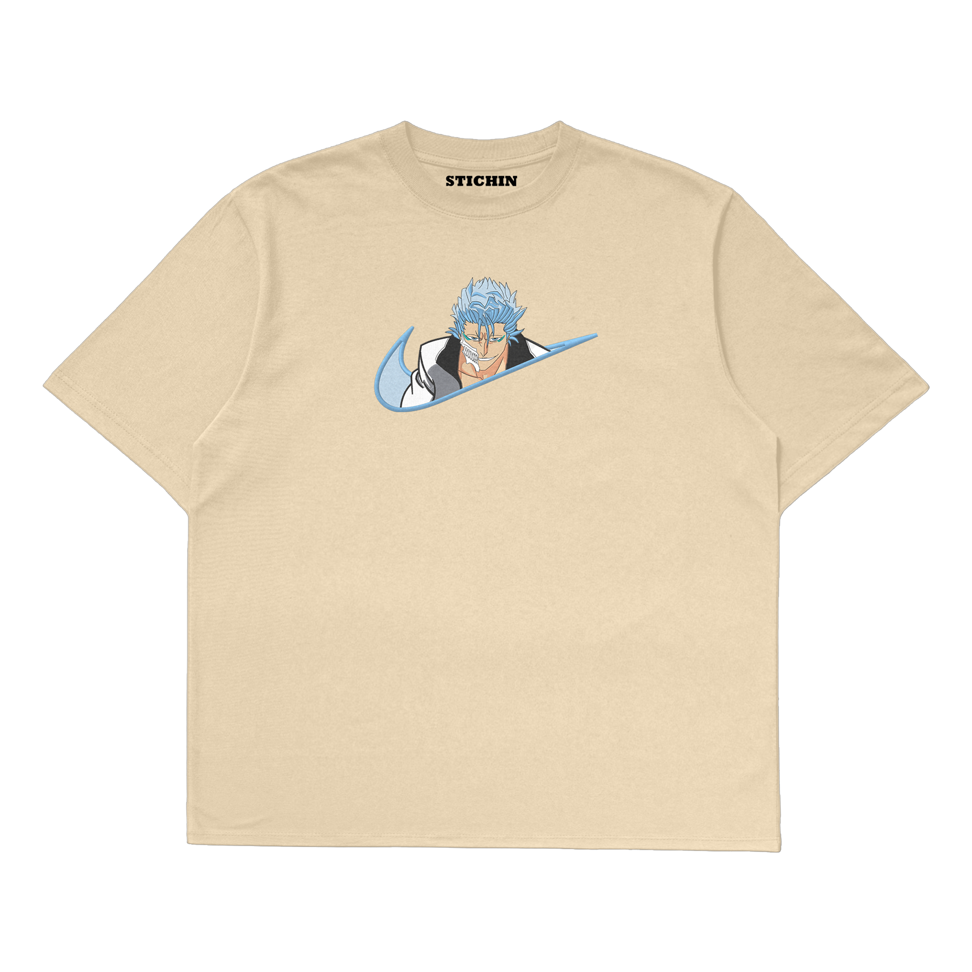 Grimmjow embroidered oversized t-shirt featuring iconic Bleach character and unique design by Stichin Studio.