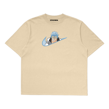 Grimmjow embroidered oversized t-shirt featuring iconic Bleach character and unique design by Stichin Studio.
