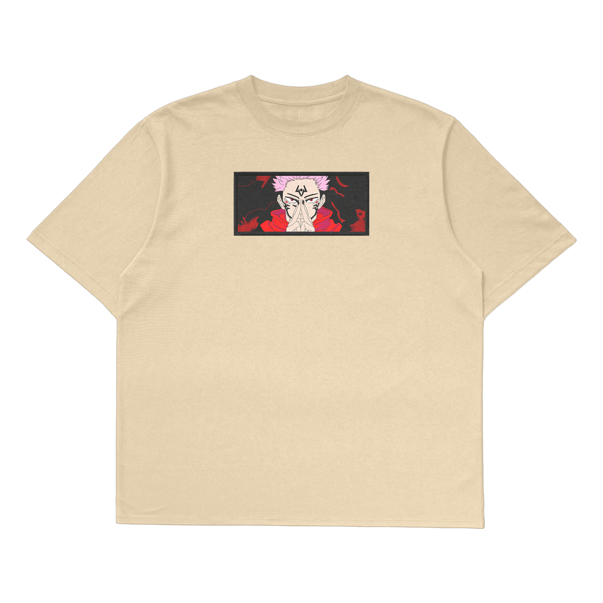 Sukuna embroidered oversized t-shirt featuring bold graphic design inspired by Jujutsu Kaisen.