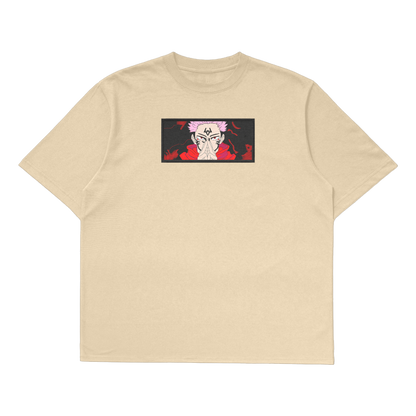 Sukuna embroidered oversized t-shirt featuring bold graphic design inspired by Jujutsu Kaisen.