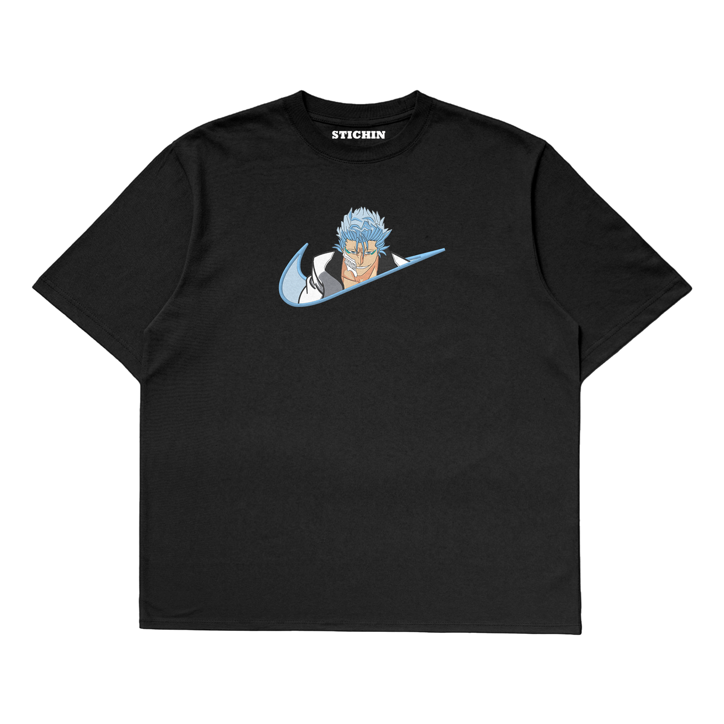 Grimmjow embroidered oversized t-shirt featuring a bold design inspired by Bleach anime on a black background.