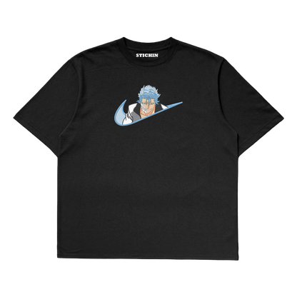 Grimmjow embroidered oversized t-shirt featuring a bold design inspired by Bleach anime on a black background.