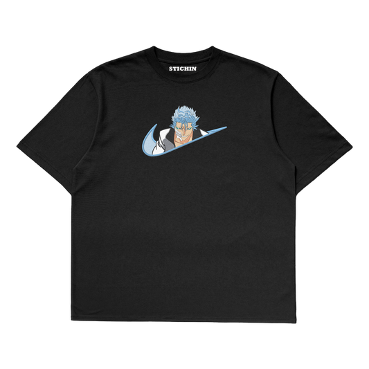 Grimmjow embroidered oversized t-shirt featuring a bold design inspired by Bleach anime on a black background.