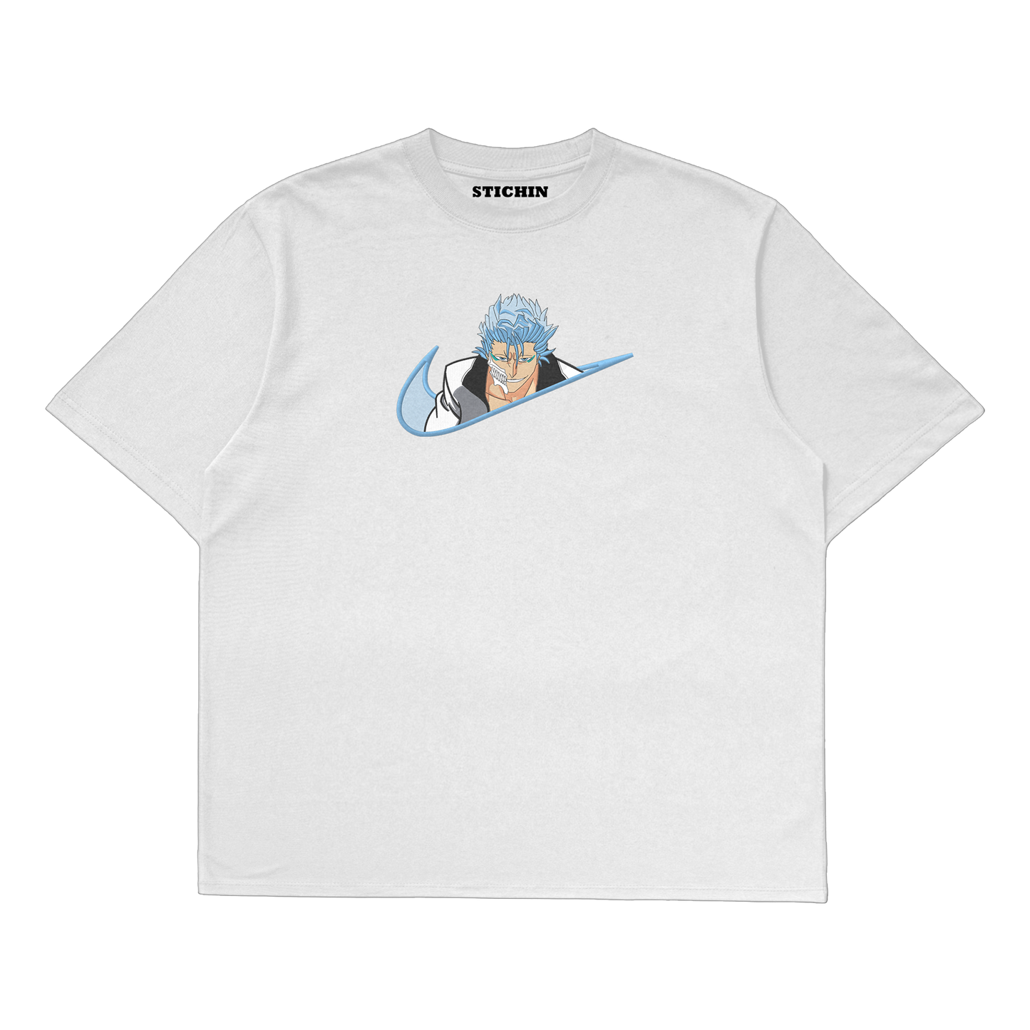 Grimmjow embroidered oversized t-shirt featuring a blue-white threadwork design of Grimmjow from Bleach.
