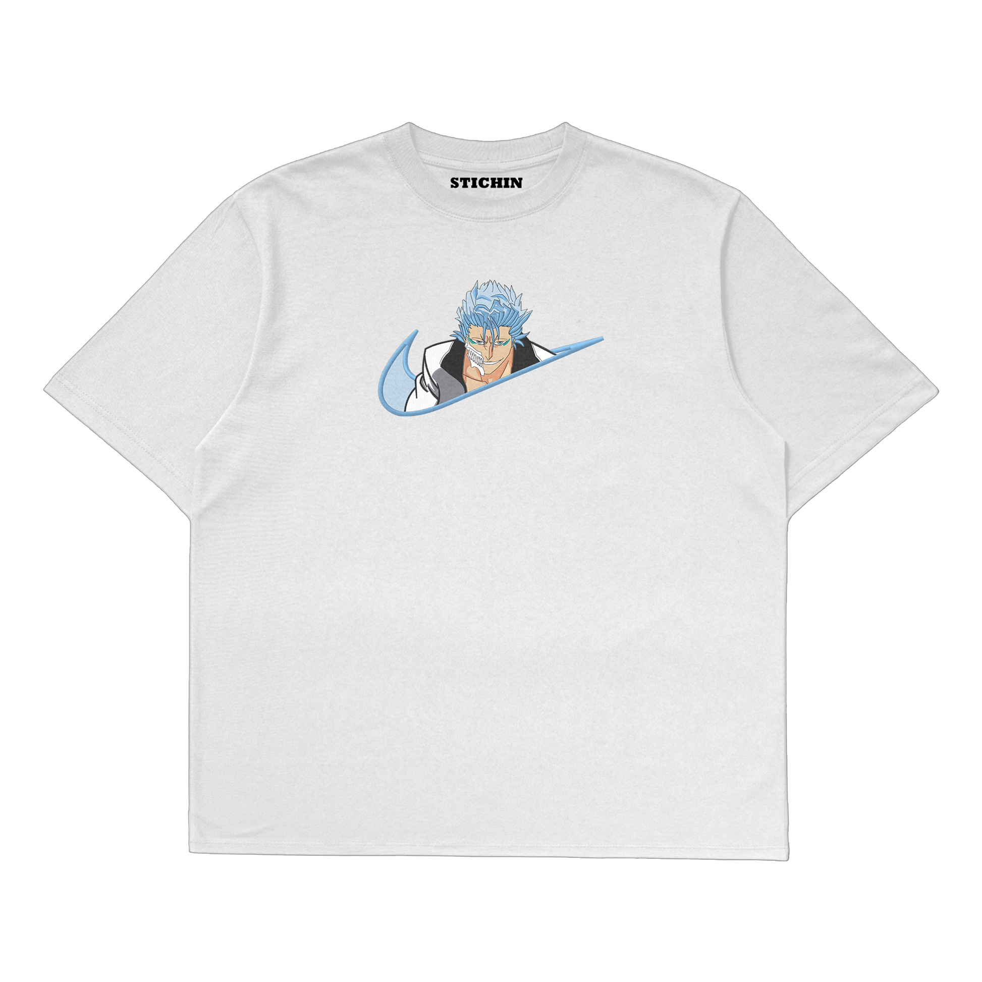 Grimmjow embroidered oversized t-shirt featuring a blue-white threadwork design of Grimmjow from Bleach.