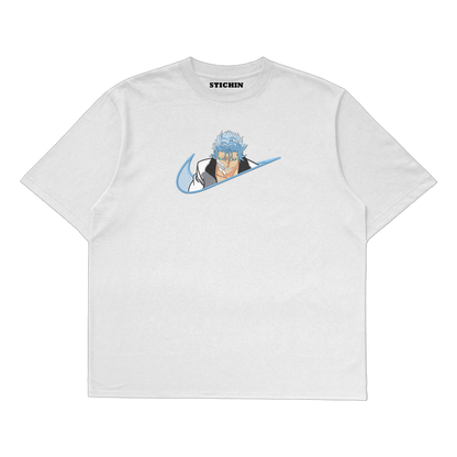 Grimmjow embroidered oversized t-shirt featuring a blue-white threadwork design of Grimmjow from Bleach.