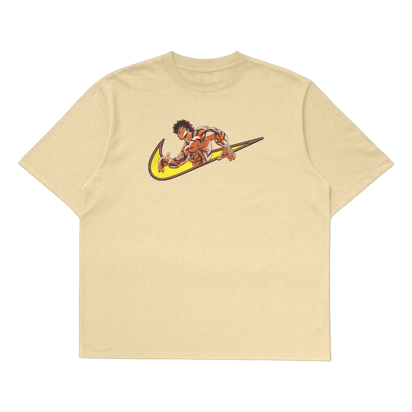 Baki Hanma Oversized T-Shirt featuring a bold anime design on a beige background.