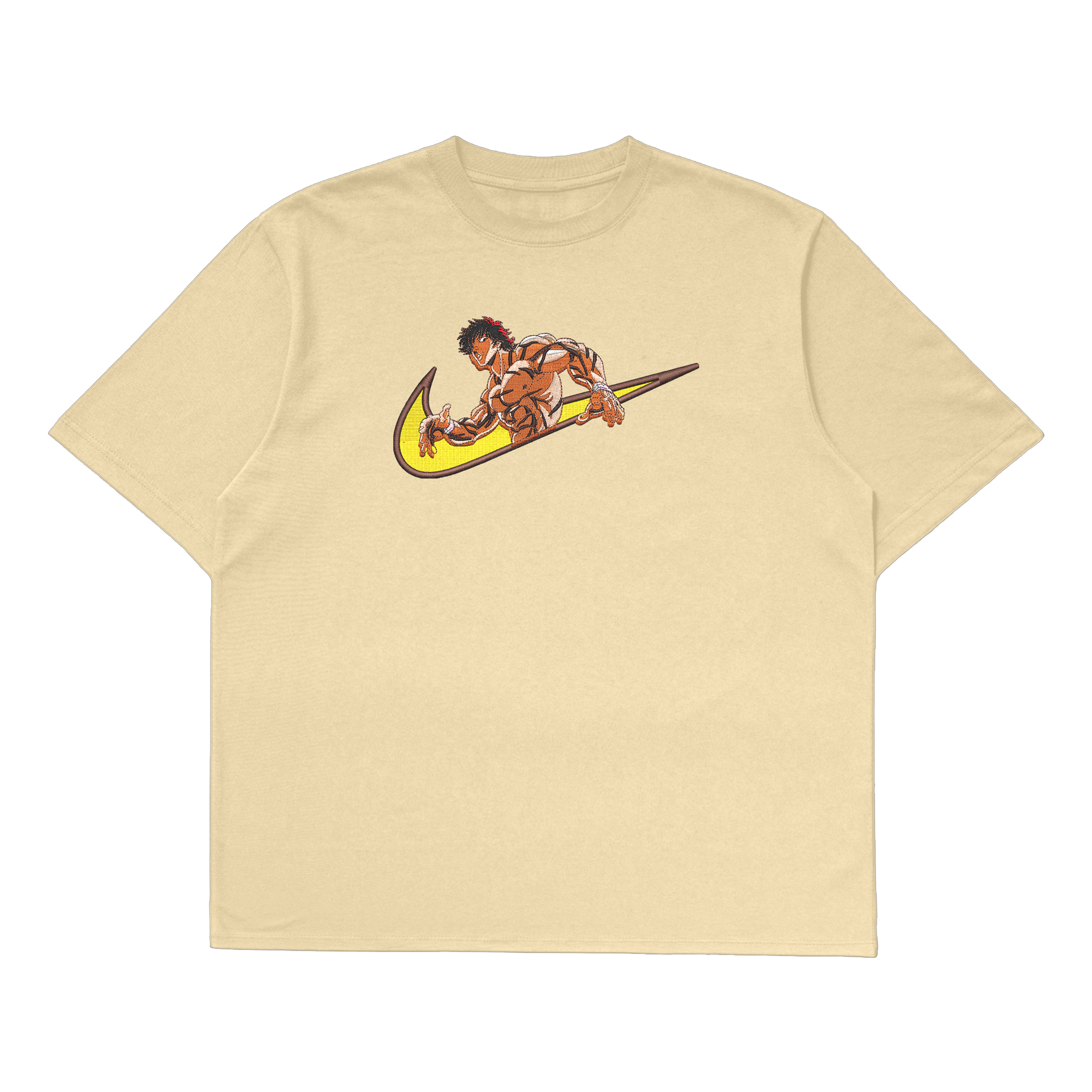 Baki Hanma Oversized T-Shirt featuring a bold anime design on a beige background.