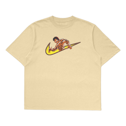 Baki Hanma Oversized T-Shirt featuring a bold anime design on a beige background.