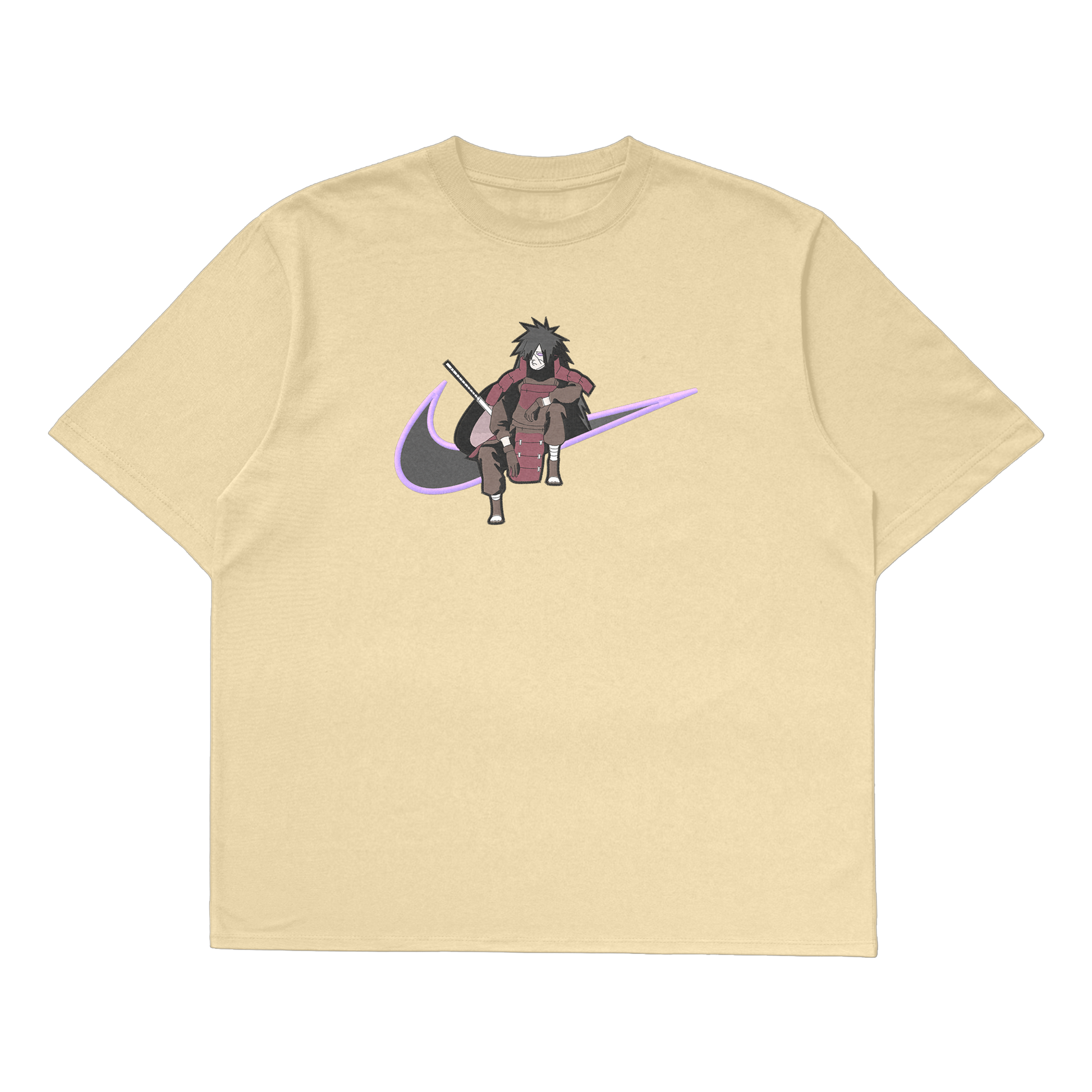 Madara Uchiha oversized t-shirt featuring a vibrant print and Nike logo, perfect for Naruto fans.