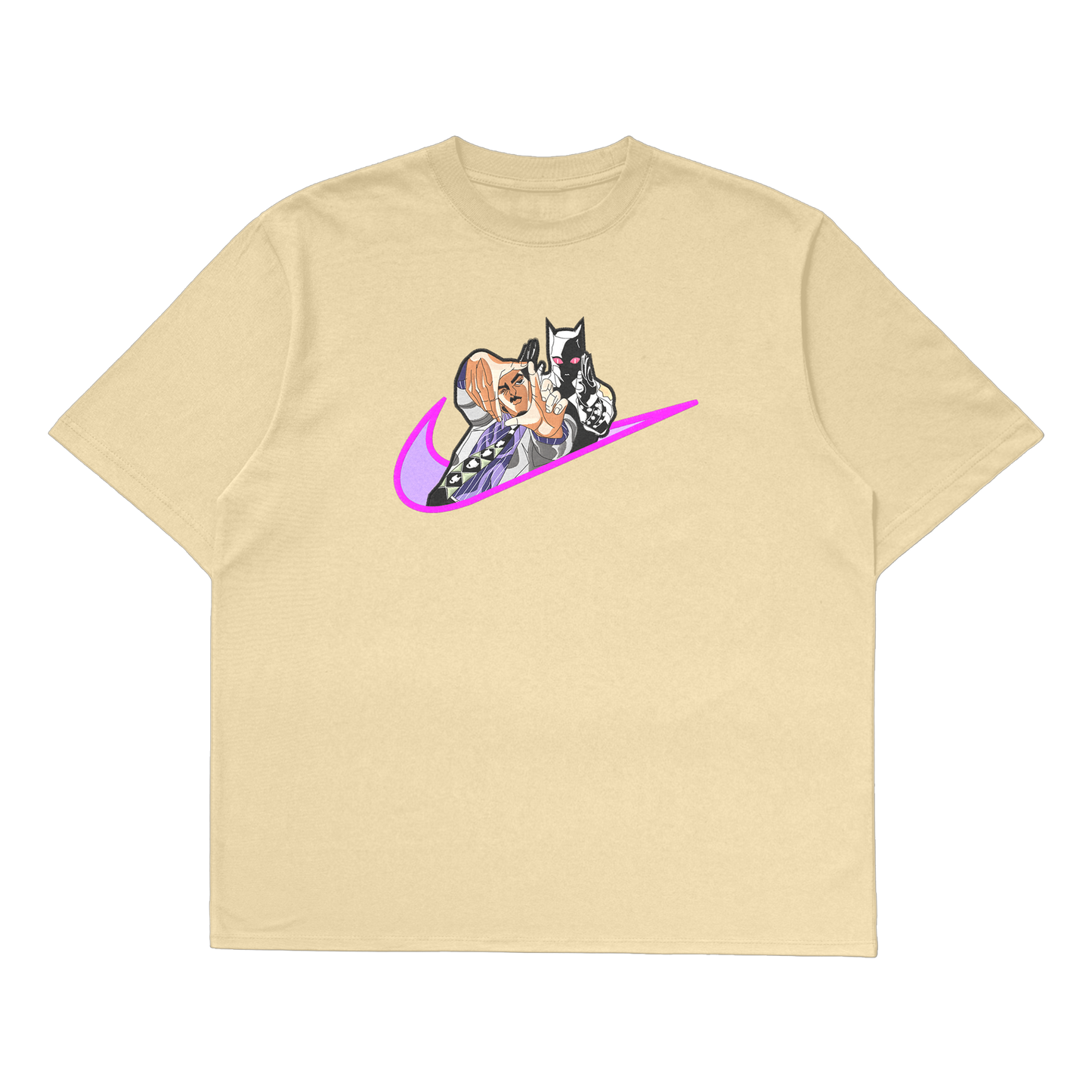Yoshikage Kira oversized t-shirt featuring colorful cartoon design on a beige fabric.