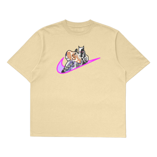 Yoshikage Kira oversized t-shirt featuring colorful cartoon design on a beige fabric.