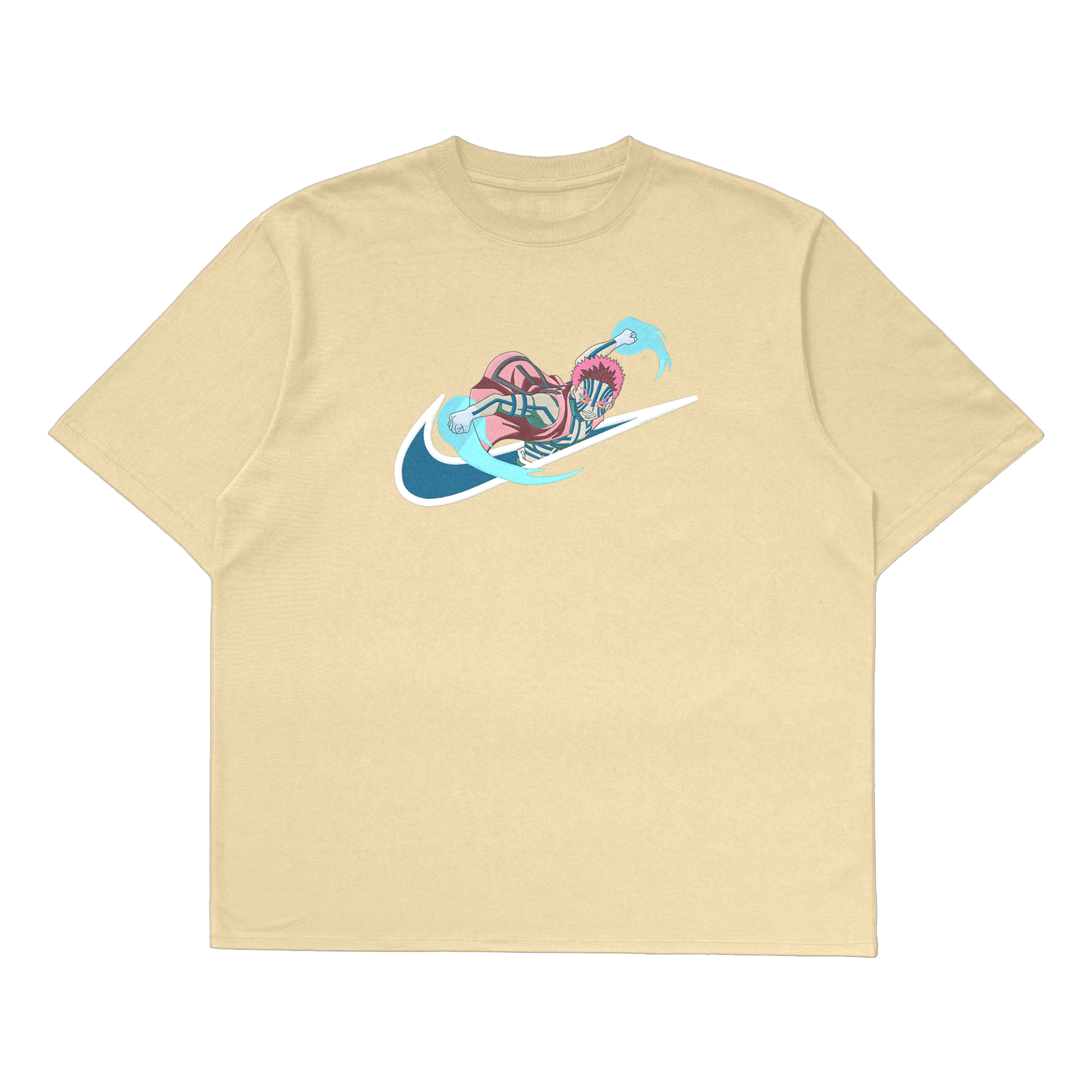 Akaza oversized t-shirt featuring vibrant embroidery on a beige background.