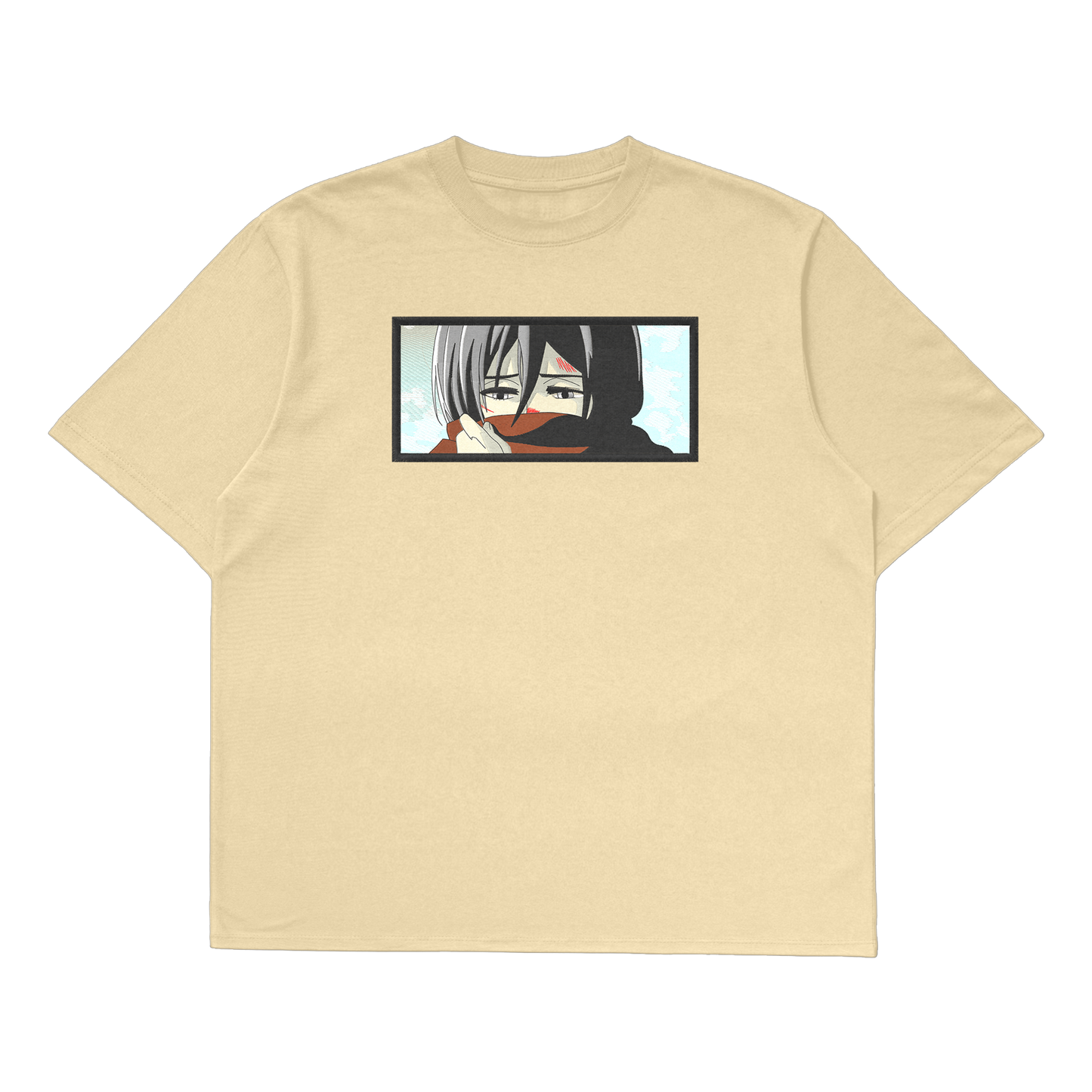 Mikasa Ackerman oversized t-shirt featuring a fierce design of Mikasa from Attack on Titan.