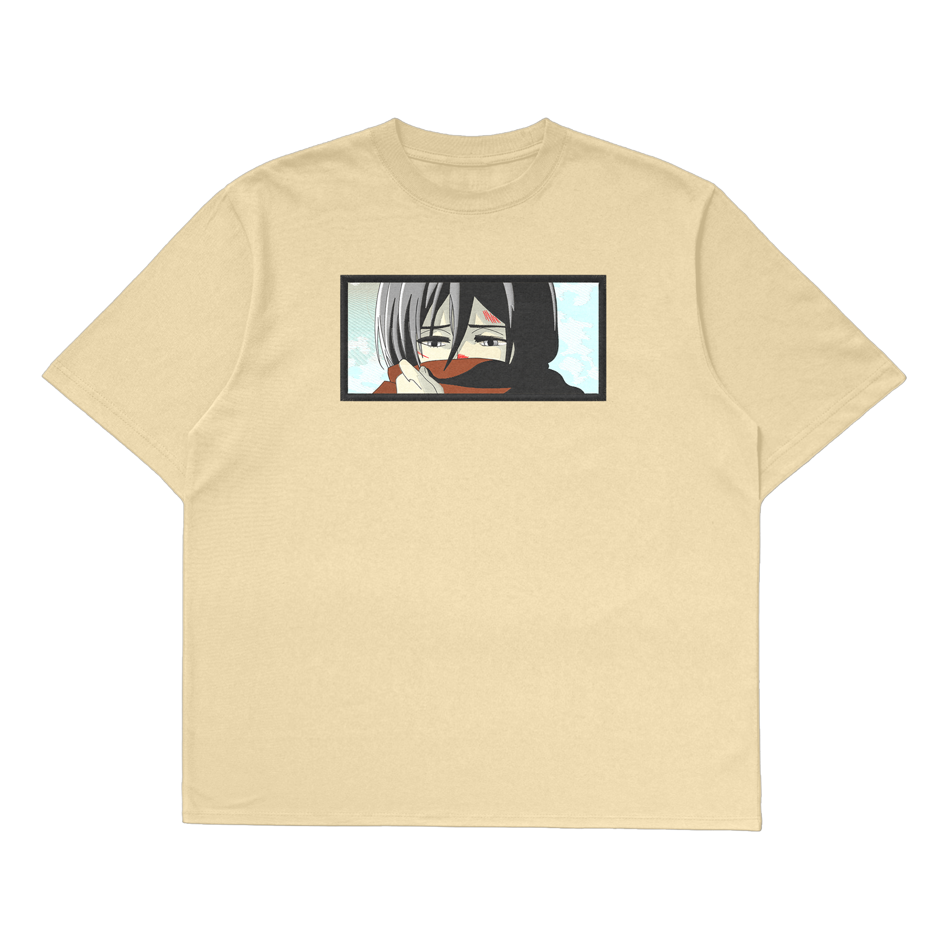 Mikasa Ackerman oversized t-shirt featuring a fierce design of Mikasa from Attack on Titan.