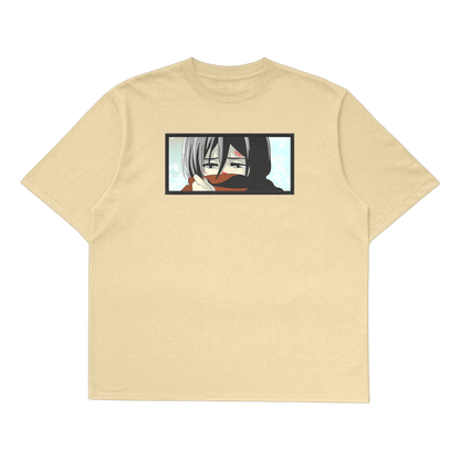 Mikasa Ackerman oversized t-shirt featuring a fierce design of Mikasa from Attack on Titan.