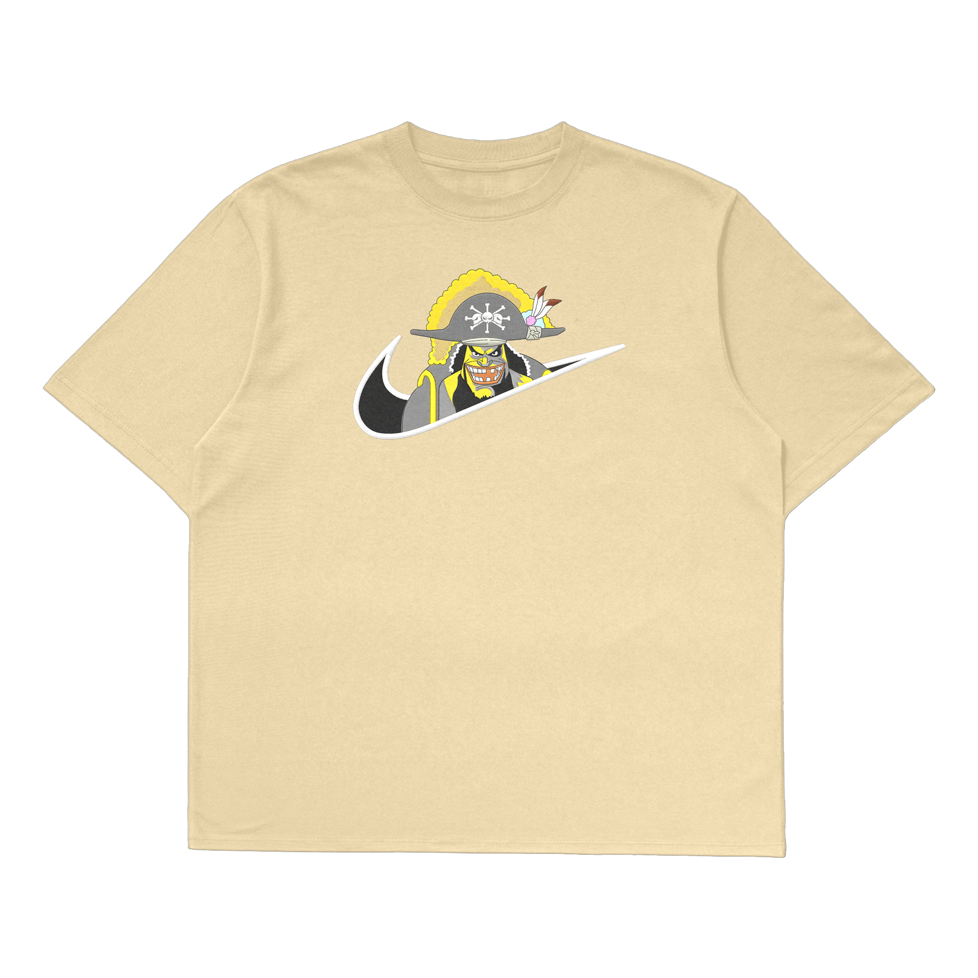 Blackbeard oversized t-shirt featuring a graphic of Blackbeard in a unique Nike design on a beige background.