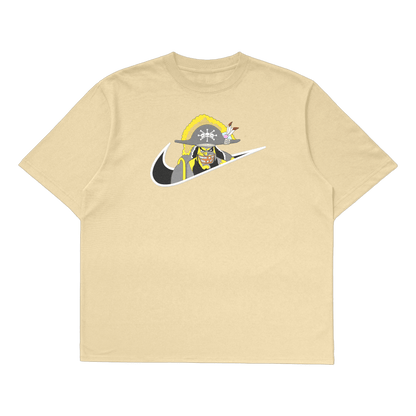 Blackbeard oversized t-shirt featuring a graphic of Blackbeard in a unique Nike design on a beige background.