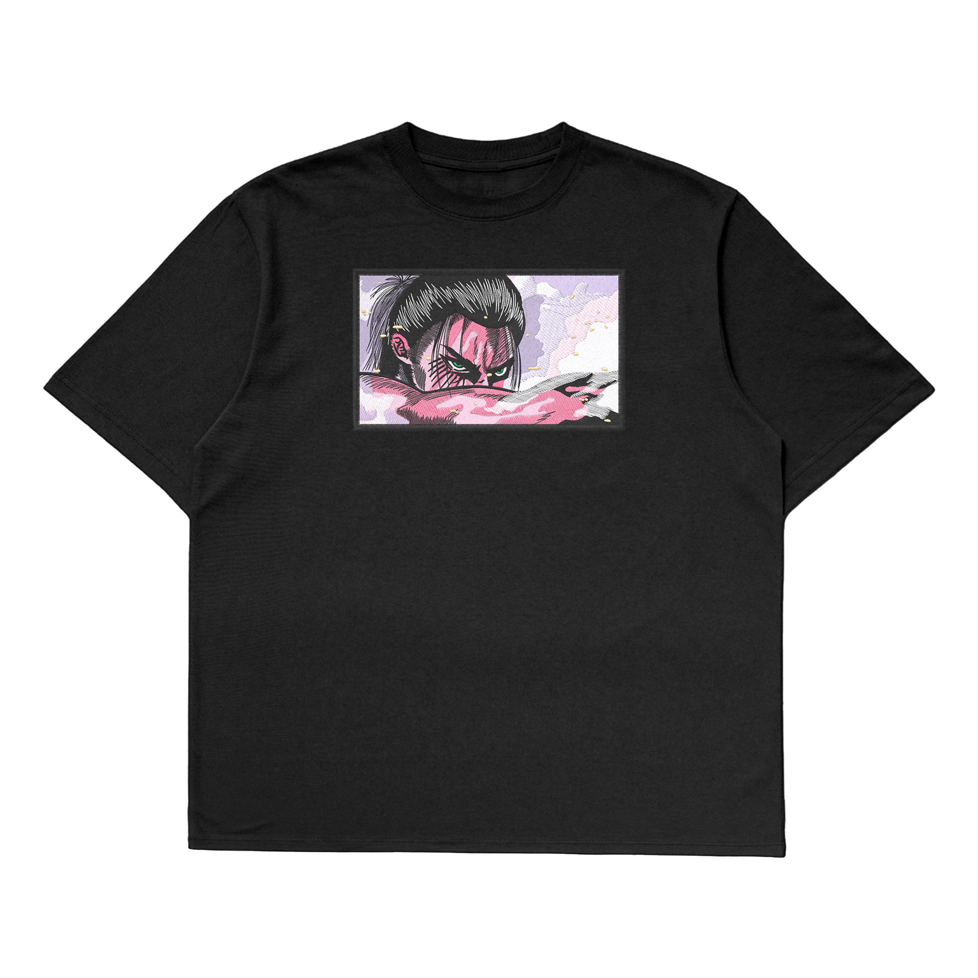 Eren Yeager oversized t-shirt with a full-body design of Eren in his final transformation form.