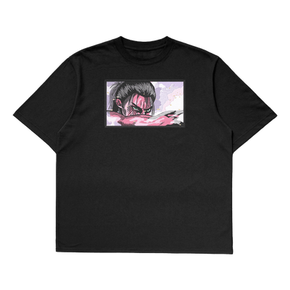 Eren Yeager oversized t-shirt with a full-body design of Eren in his final transformation form.