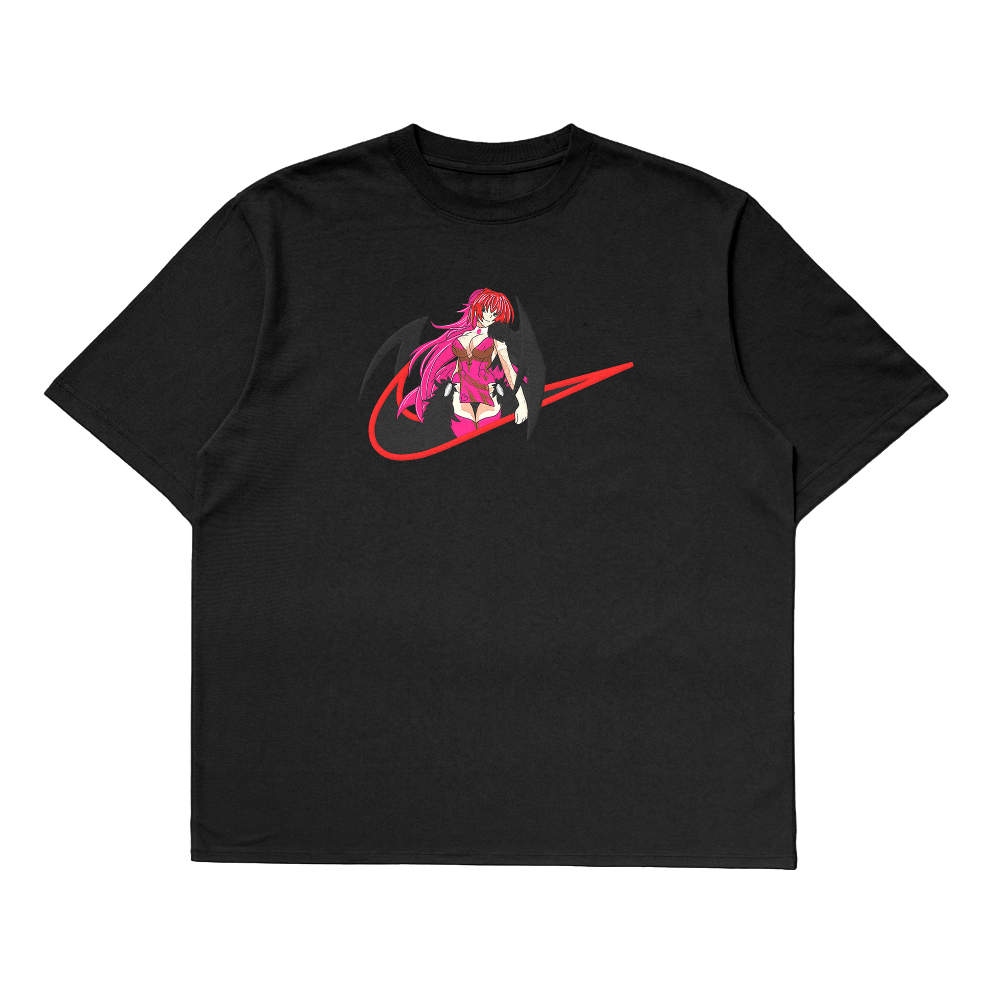 Rias Gremory oversized t-shirt design featuring the Crimson-Haired Ruin Princess from High School DxD.