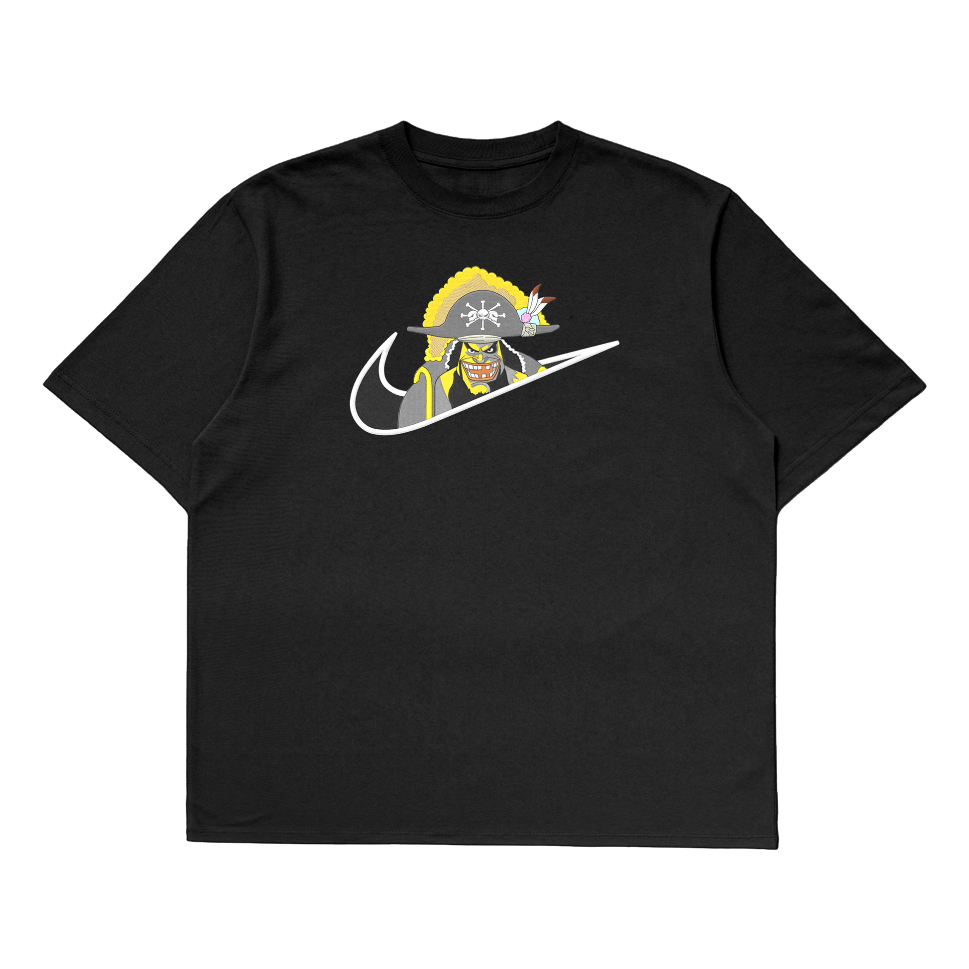 Blackbeard oversized t-shirt featuring a bold graphic on a black background, perfect for One Piece fans.